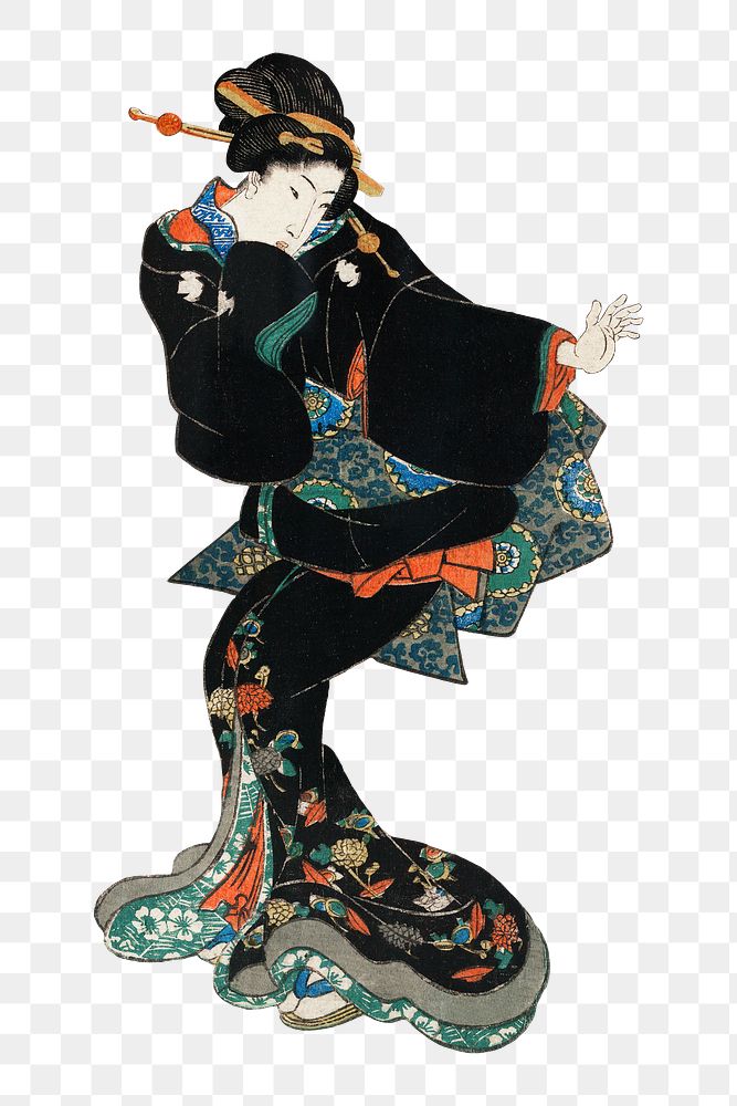 Ichi woman standing png, transparent background, Japanese ukiyo-e woodblock print by Utagawa Kuniyoshi. Remixed by rawpixel.