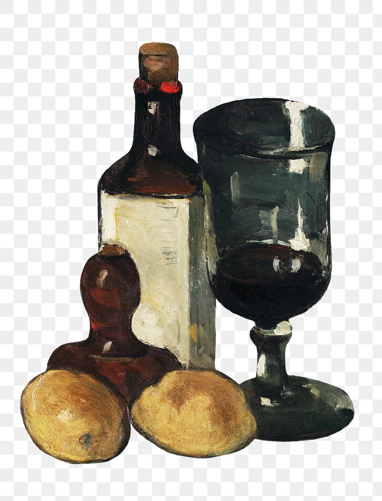 Png Cezanne’s Bottle, Glass, and Lemons sticker, still life painting, transparent background.  Remixed by rawpixel.