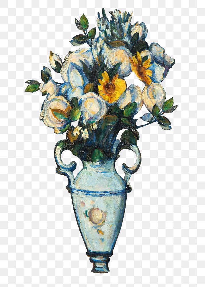 Png Cezanne’s vase of flowers sticker, still life painting, transparent background.  Remixed by rawpixel.