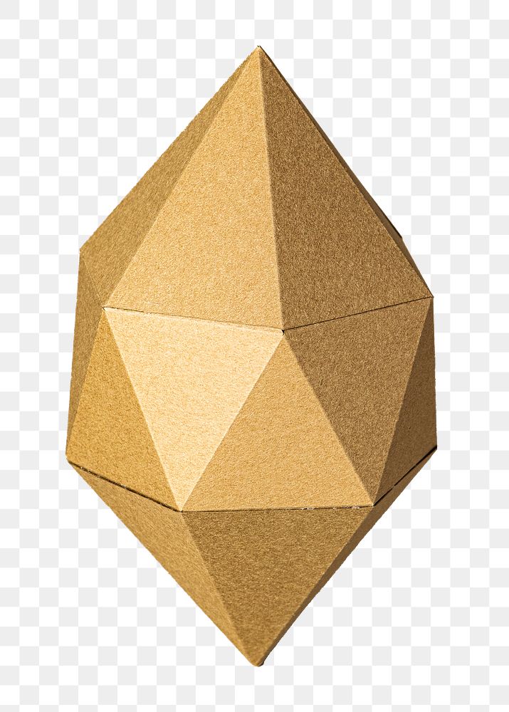 3D golden geometric png octahedral polyhedron shaped paper craft sticker, transparent background