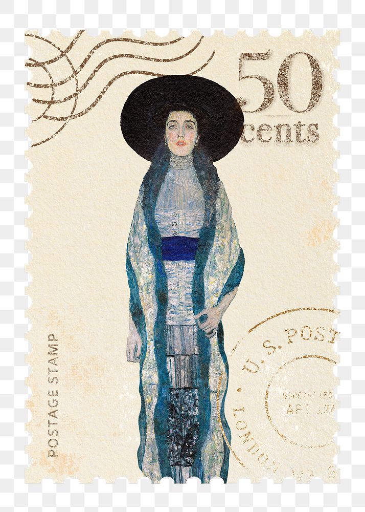 Gustav Klimt's png Portrait of Adele Bloch-Bauer postage stamp sticker, transparent background, remixed by rawpixel