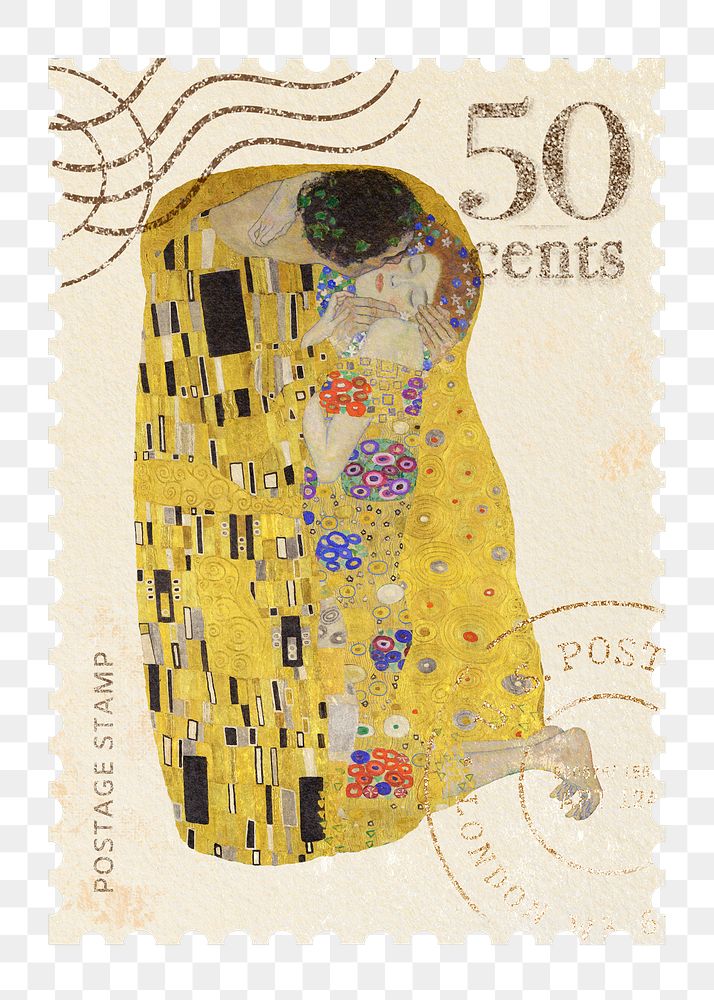 The Kiss png postage stamp, Gustav Klimt's famous artwork sticker, transparent background, remixed by rawpixel