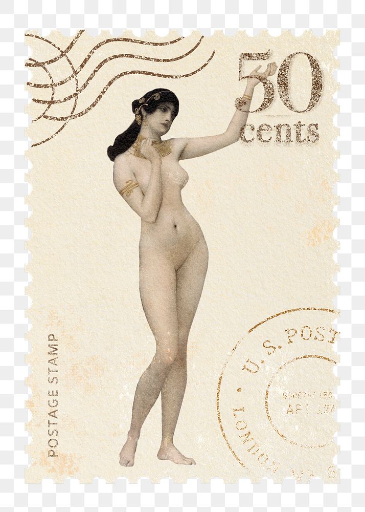 Famous painting png Gustav Klimt's Allegory of Sculpture postage stamp sticker, transparent background, remixed by rawpixel