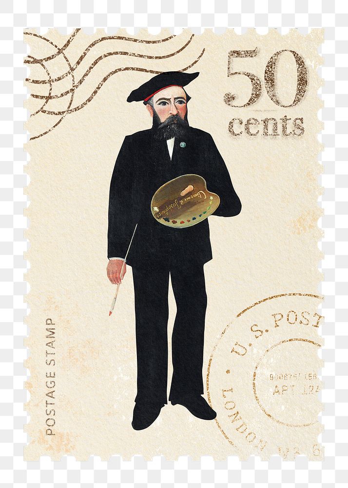 Henri Rousseau's Myself png postage stamp sticker, transparent background, remixed by rawpixel