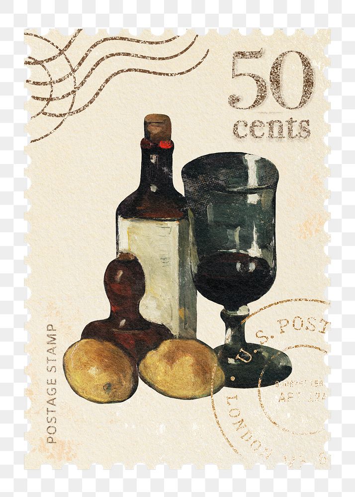 Paul C&eacute;zanne png postage stamp sticker, Still Life with Bottle, Glass, and Lemons illustration on transparent…