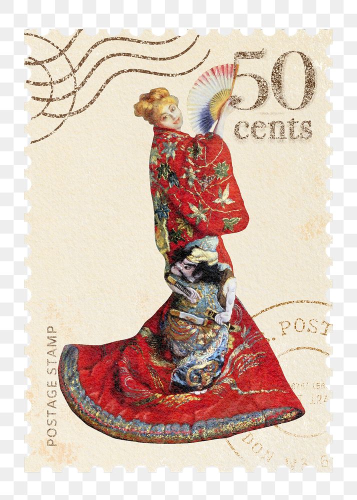Vintage postage stamp png, Kimono fashion illustration, remixed by rawpixel