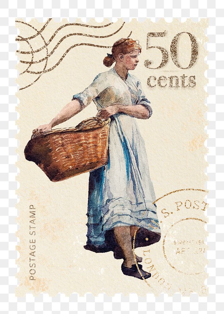 Postage stamp png Winslow Homer's Girl Carrying a Basket artwork sticker, transparent background, remixed by rawpixel
