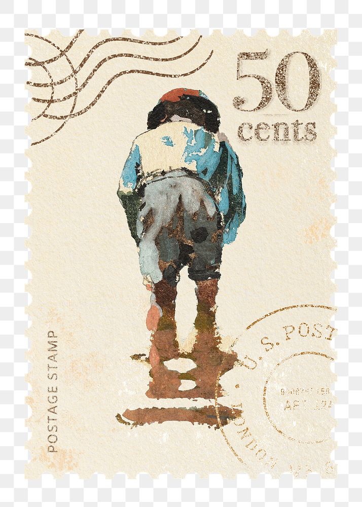 PNG Winslow Homer's postage stamp, Boys Wading artwork sticker, transparent background, remixed by rawpixel