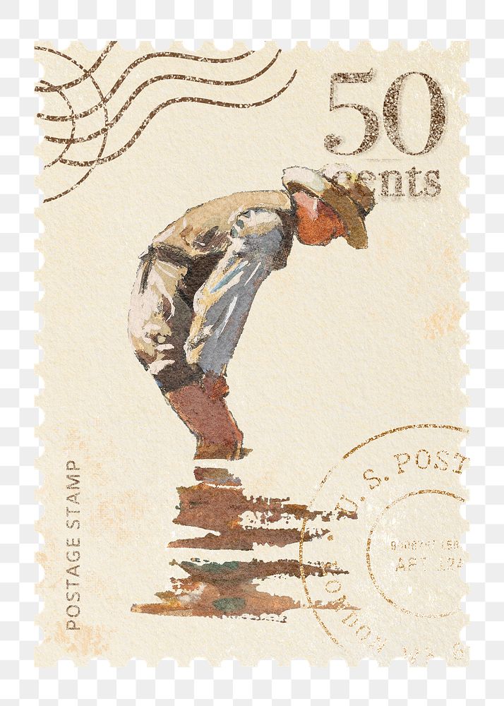 Postage stamp png Winslow Homer's Boys Wading artwork sticker, transparent background, remixed by rawpixel