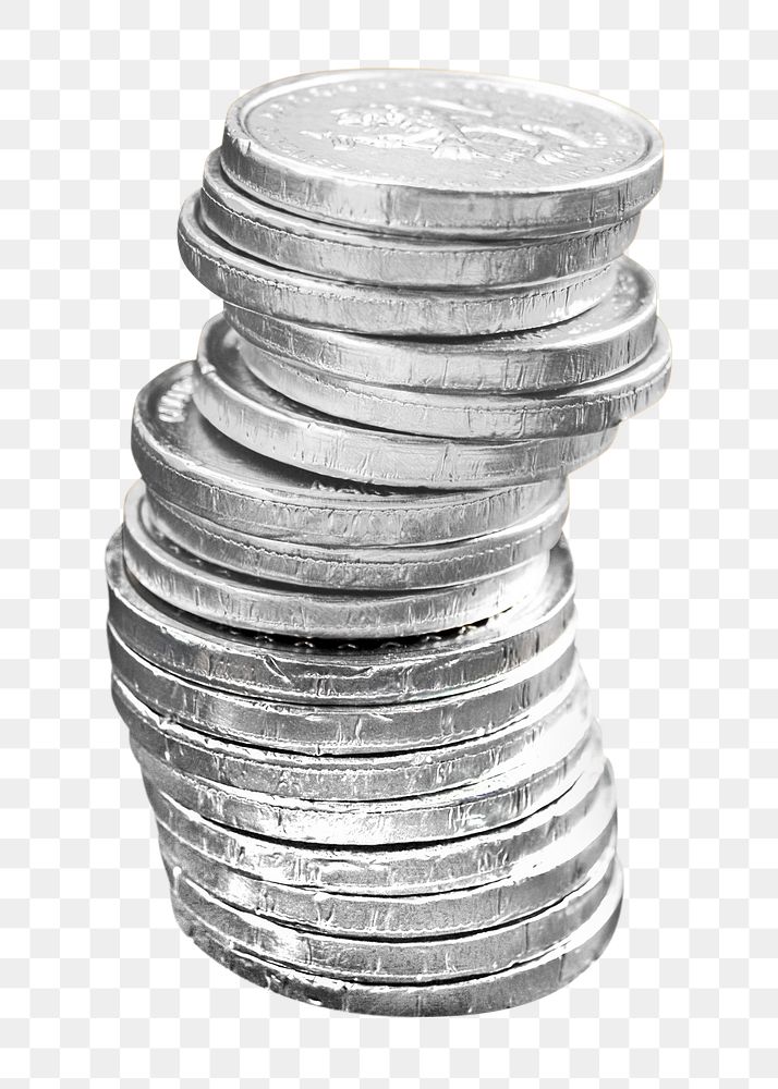 Png stack silver coins, isolated object, transparent background