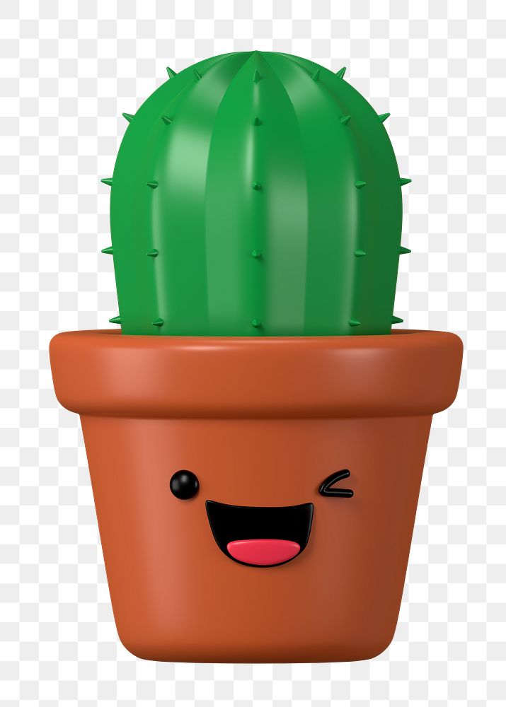 3D cactus png winking face emoticon, transparent background