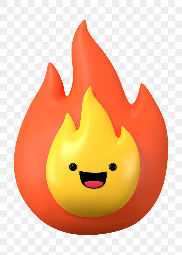 3D flame png smiling face emoticon, transparent background