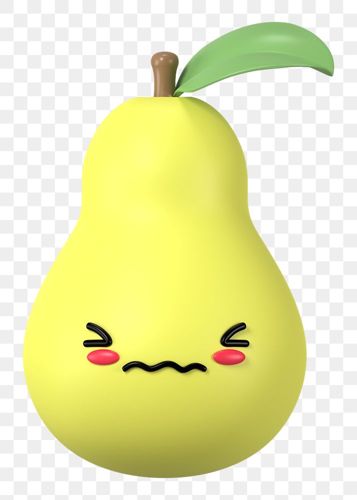 3D pear png blushing face emoticon, transparent background