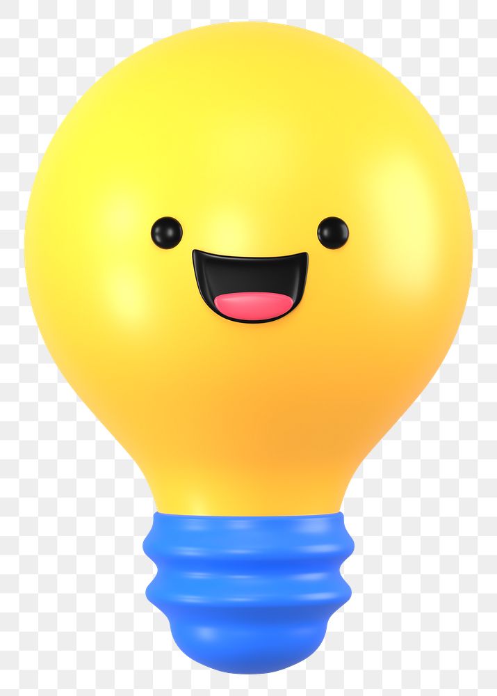 3D light bulb png smiling face emoticon, transparent background