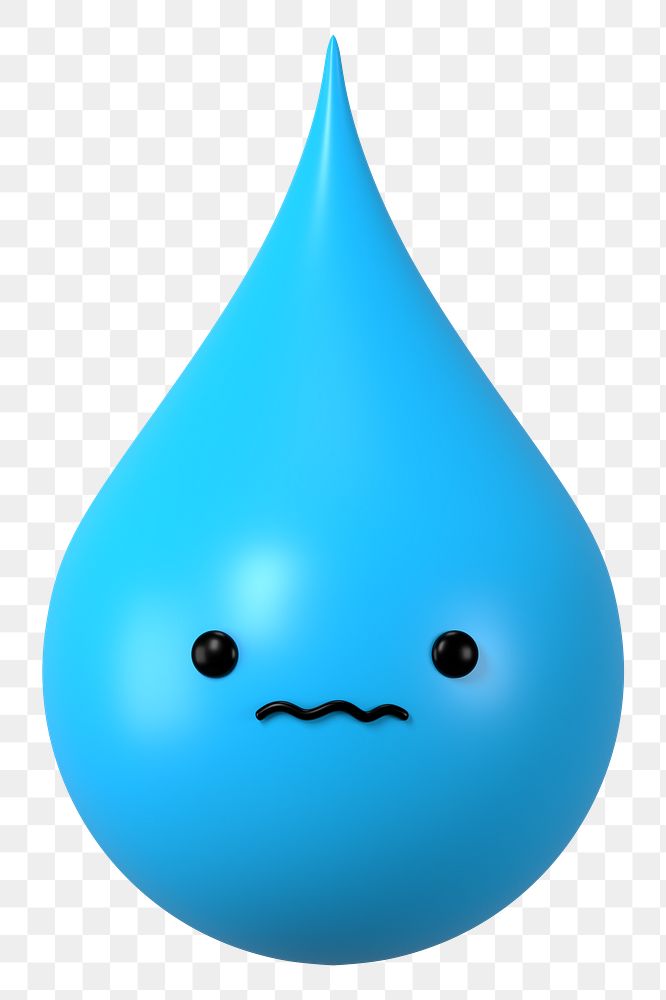 3D water drop png scared face emoticon, transparent background
