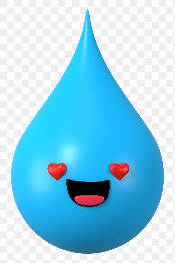 3D water drop png heart eyes emoticon, transparent background