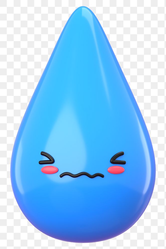 3D water drop png blushing face emoticon, transparent background