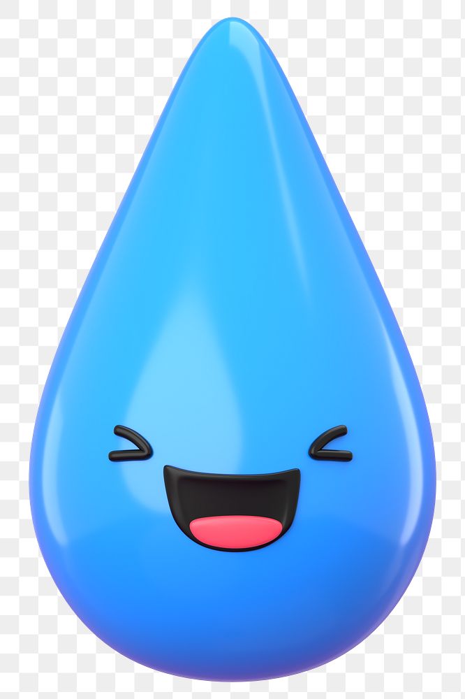 3D water drop png laughing face emoticon, transparent background