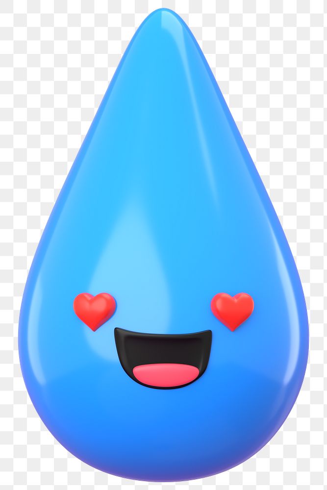 3D water drop png heart eyes emoticon, transparent background