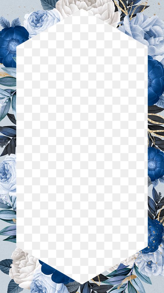 Winter flower png frame, blue hexagon shape transparent design