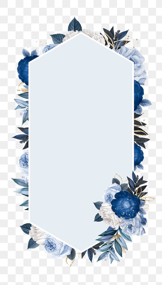 PNG Winter flower badge, blue hexagon shape design, transparent background