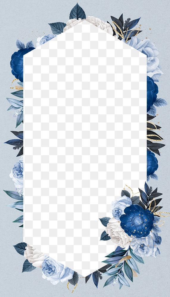Winter flower png frame, blue hexagon shape transparent design