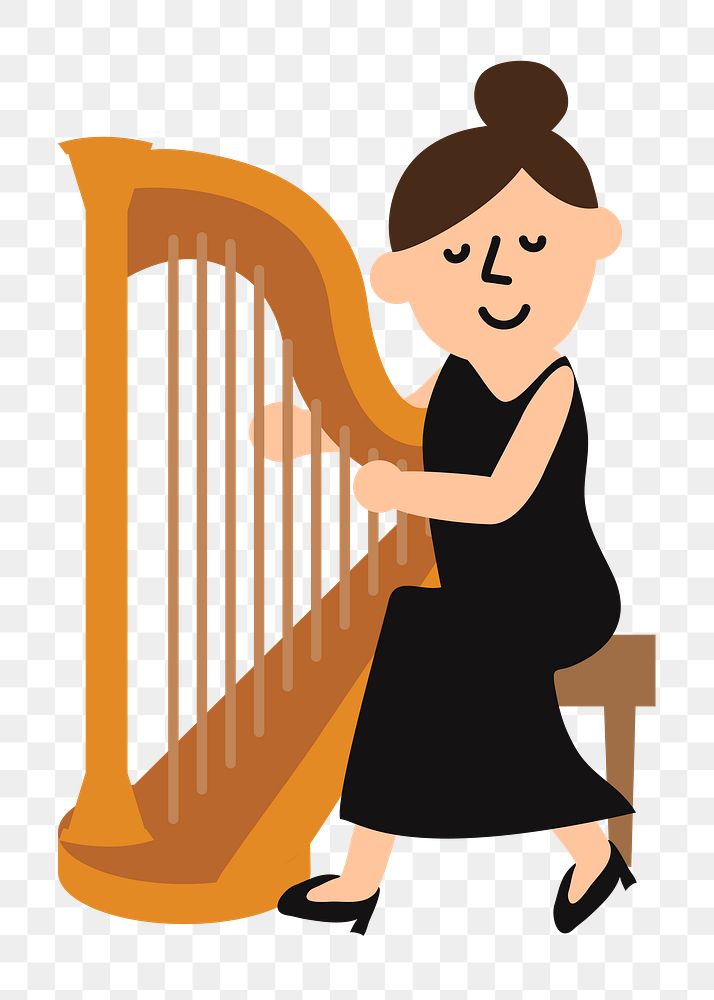 Png woman playing harp clipart, transparent background. Free public domain CC0 image.