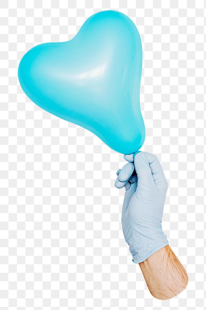 PNG Gloved hand holding a blue heart shaped balloon  transparent background