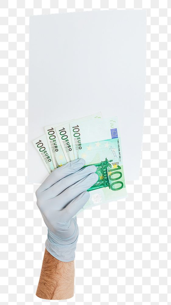PNG Gloved hands holding a blank paper with banknotes  transparent background