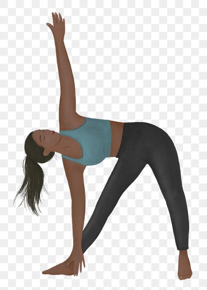 Black woman stretching png, wellness illustration, transparent background