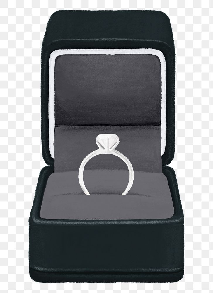Wedding diamond ring png, black velvet box illustration, transparent background