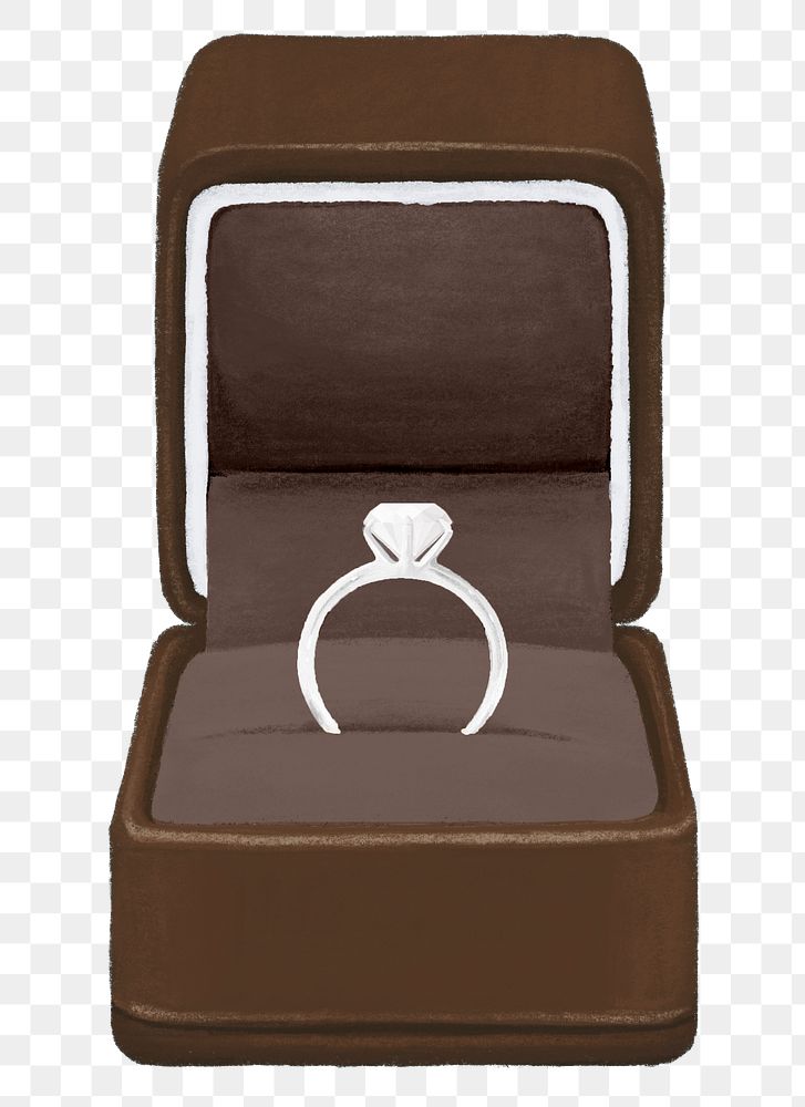 Wedding diamond ring png, brown velvet box illustration, transparent background