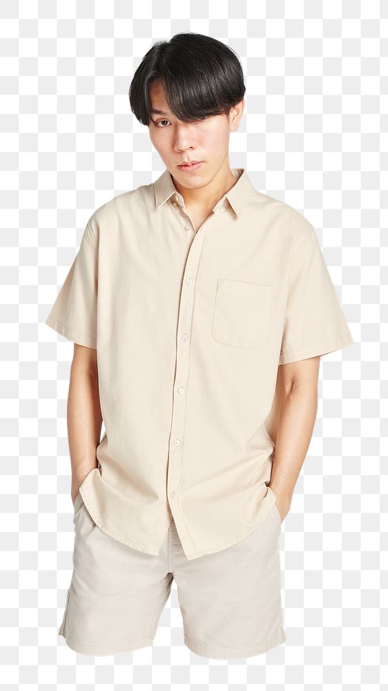 PNG asian man wearing a beige shirt, collage element, transparent background