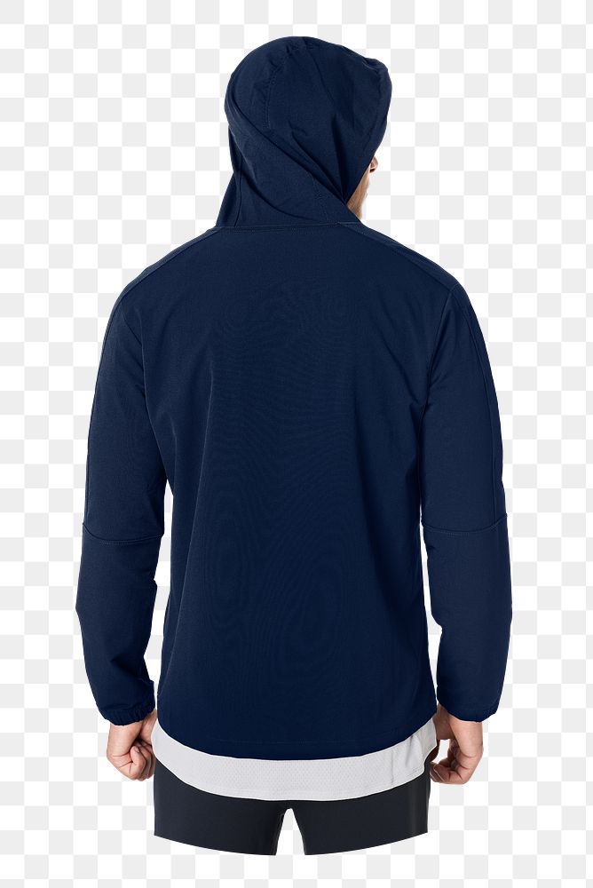 Man rear-view png wearing navy blue hoodie, transparent background