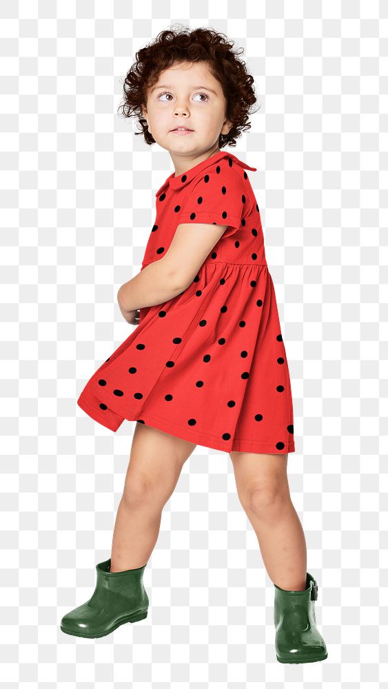 Little girl png wearing red polka dot dress, transparent background