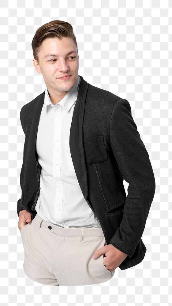 Png man in black jacket and white shirt, smart casual fashion, men's fashion, transparent background