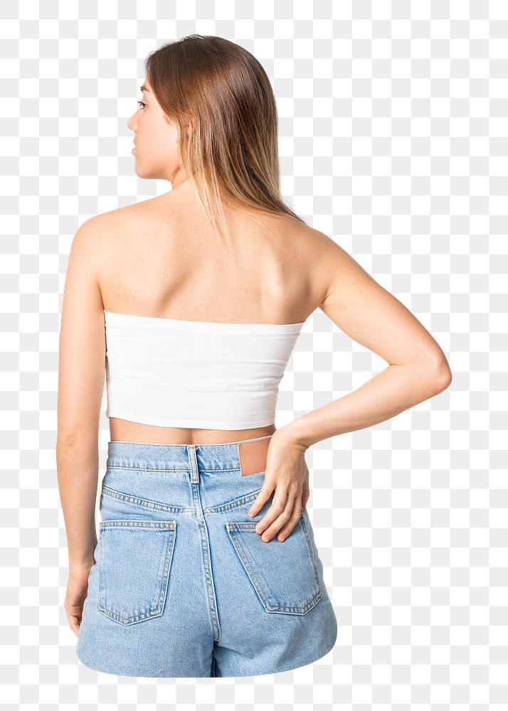 Png woman white bandeau top and jeans, streetwear apparel, rear view, transparent background