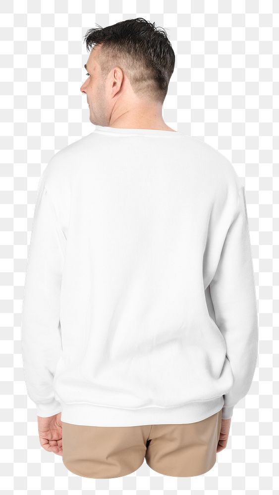Png man in white sweater, transparent background, rear view