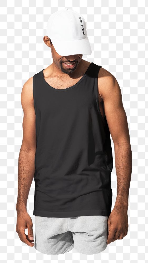 Png African American man casual wear with white cap, black tank top, transparent background
