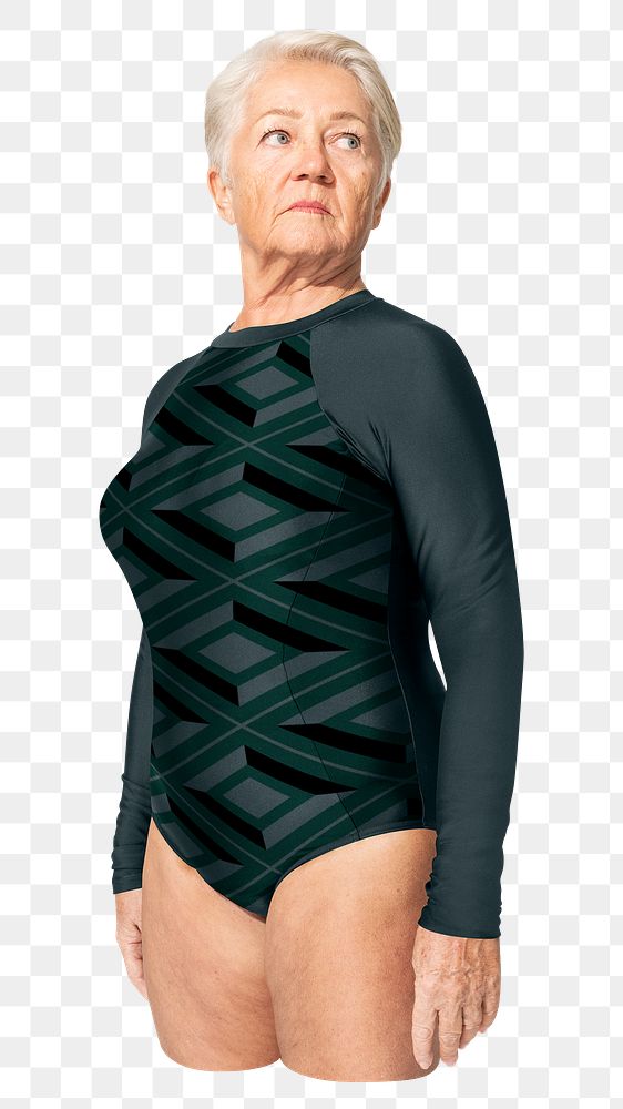 Png old lady in green swimsuit, summer apparel ,transparent background