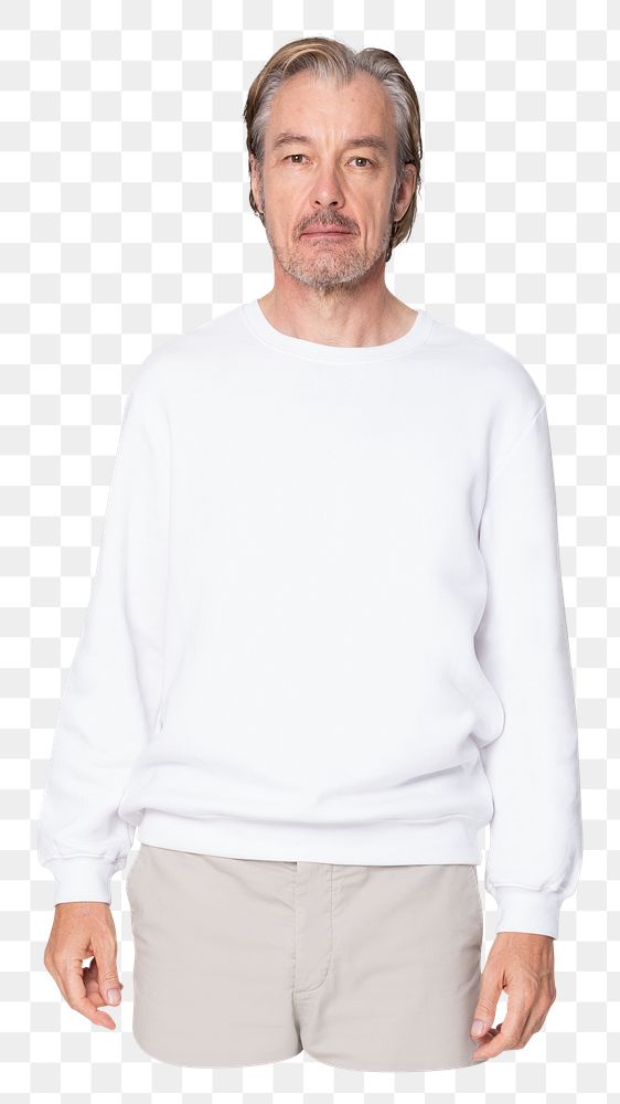 Mature man png in white sweater, casual apparel ,transparent background
