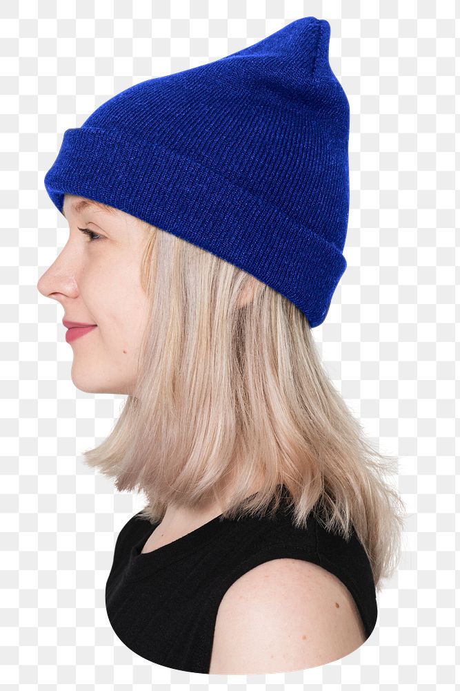 Png girl in blue beanie, side view, transparent background