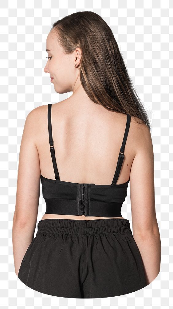 Png girl in black sports bra, transparent background