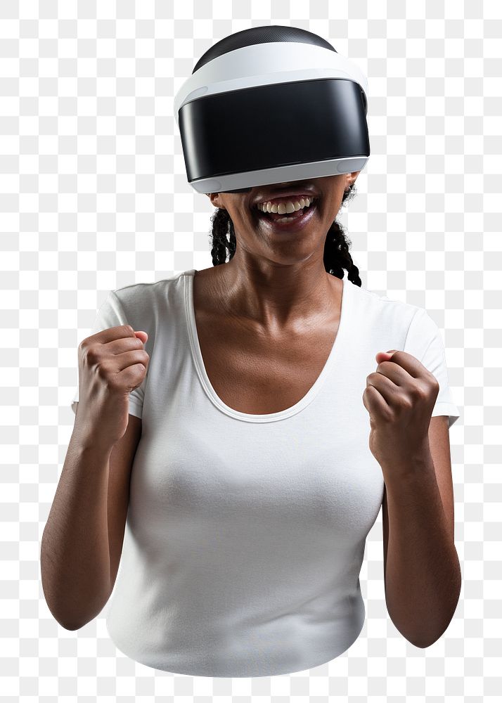 Woman with VR headset png, transparent background