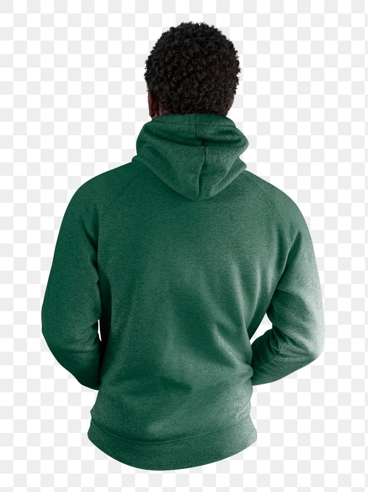 Man rear-view png wearing green hoodie, transparent background