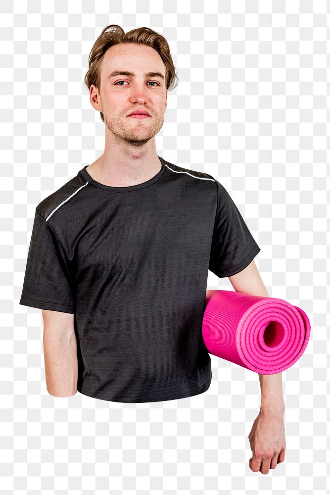PNG man in black sportswear with pink yoga mat, transparent background