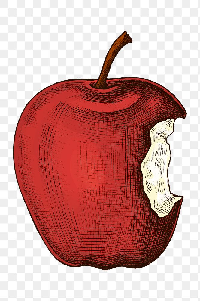 Png eaten apple illustration collage element, transparent background