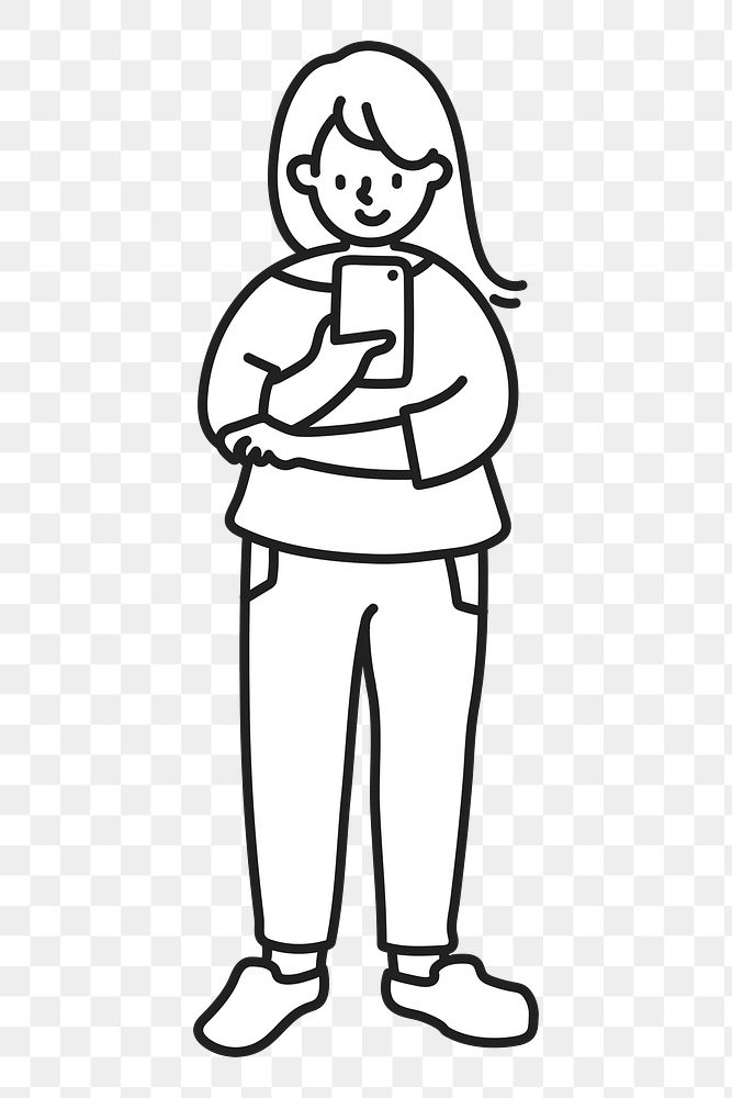 Doodle woman using phone png illustration, transparent background