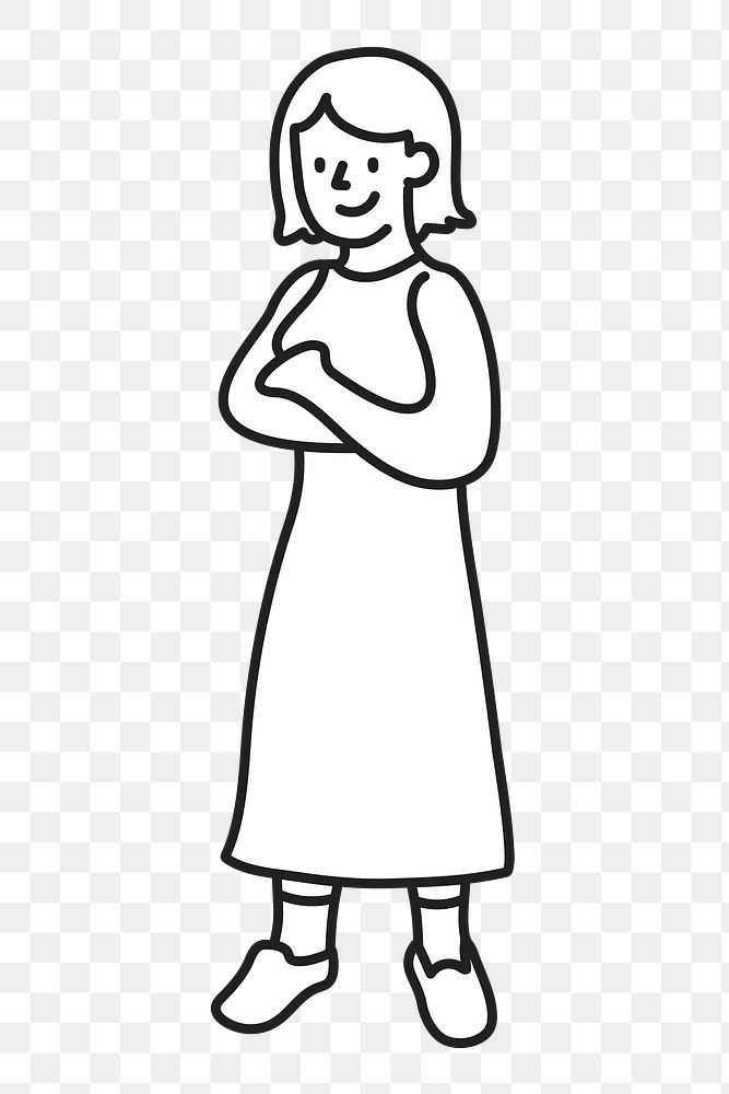 Doodle woman crossed arms png illustration, transparent background