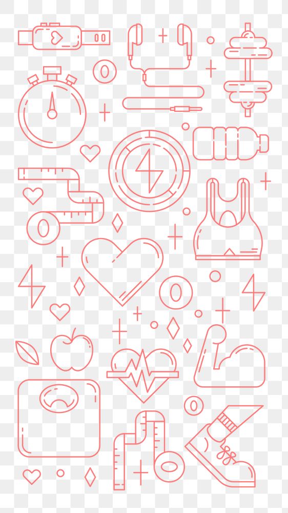 PNG Fitness, health & wellness icons, pink line art collection, transparent background